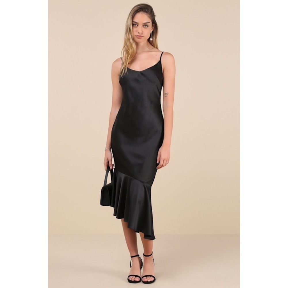 Lulus Strictly Romance Black Satin Asymmetrical Tiered Midi Dress - Size M